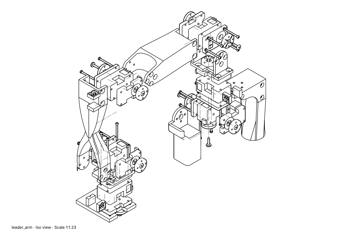 An exploded line drawing of the robot arm, with screws, servo cases and brackets pulled apart along dashed trail lines.