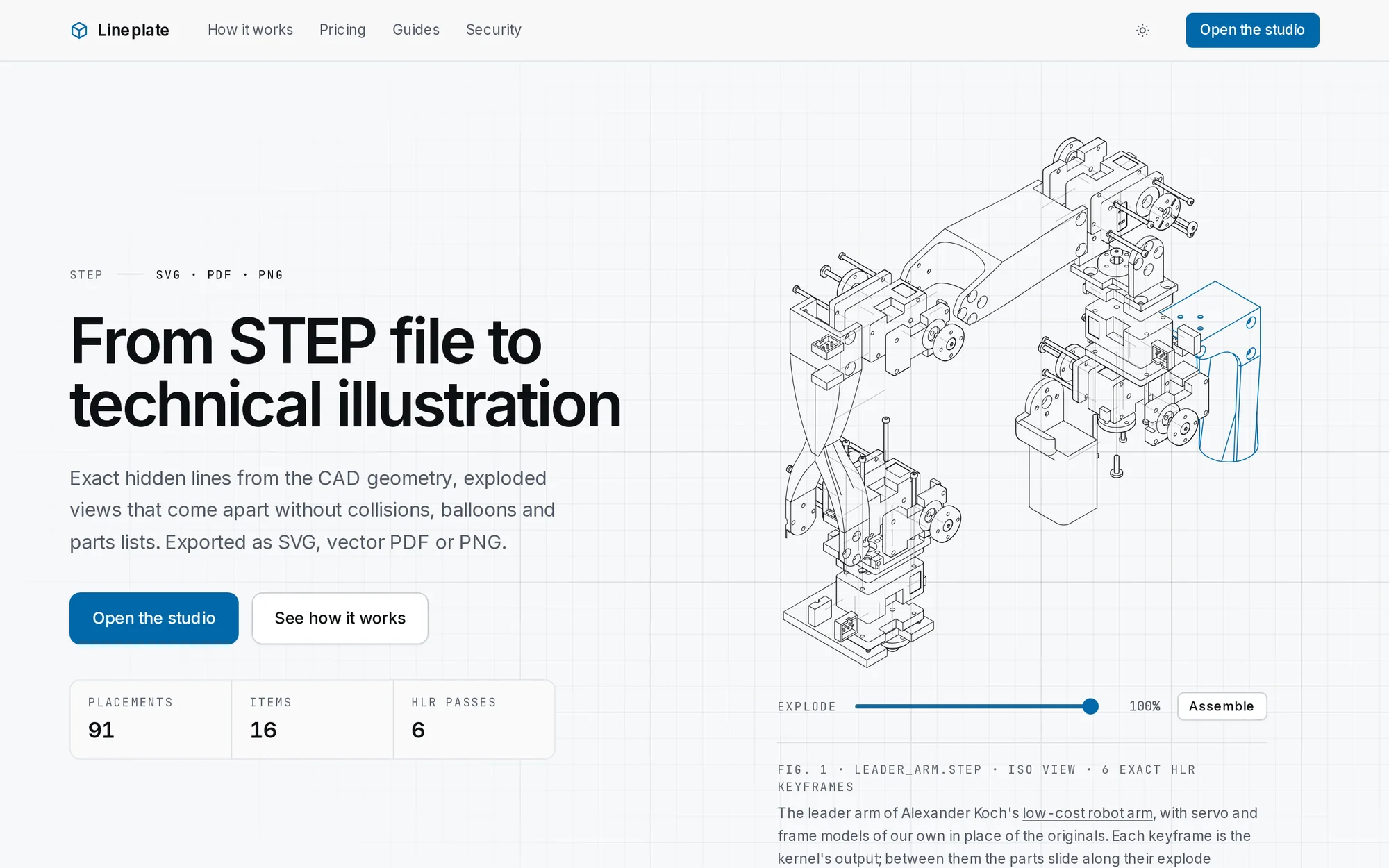 The Lineplate home page: the headline From STEP file to technical illustration beside an exploded line drawing of a robot arm, with an explode slider.