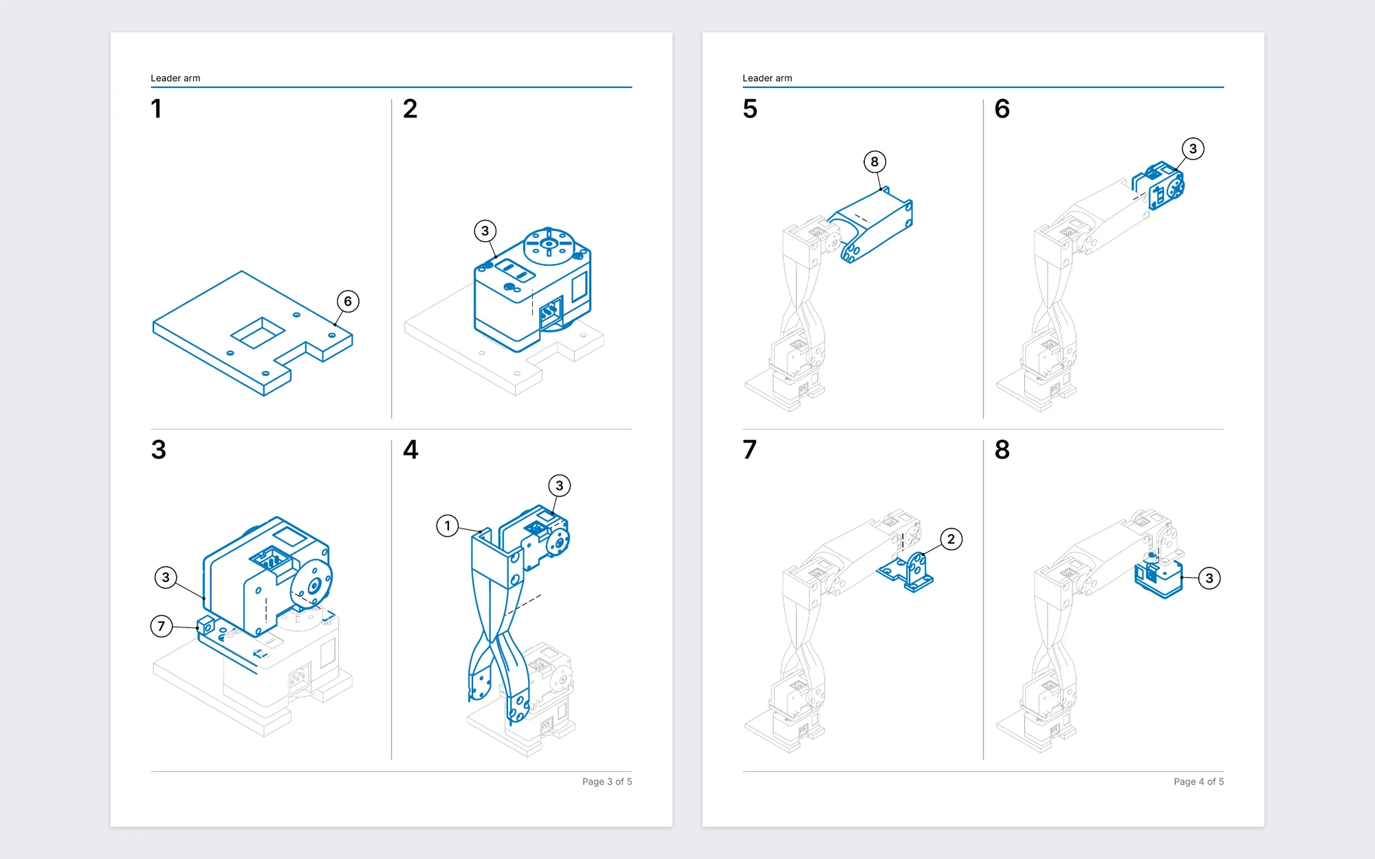 Two pages of a generated assembly manual showing eight numbered assembly steps of a robot arm, each with the new parts in blue against the parts already fitted in grey.