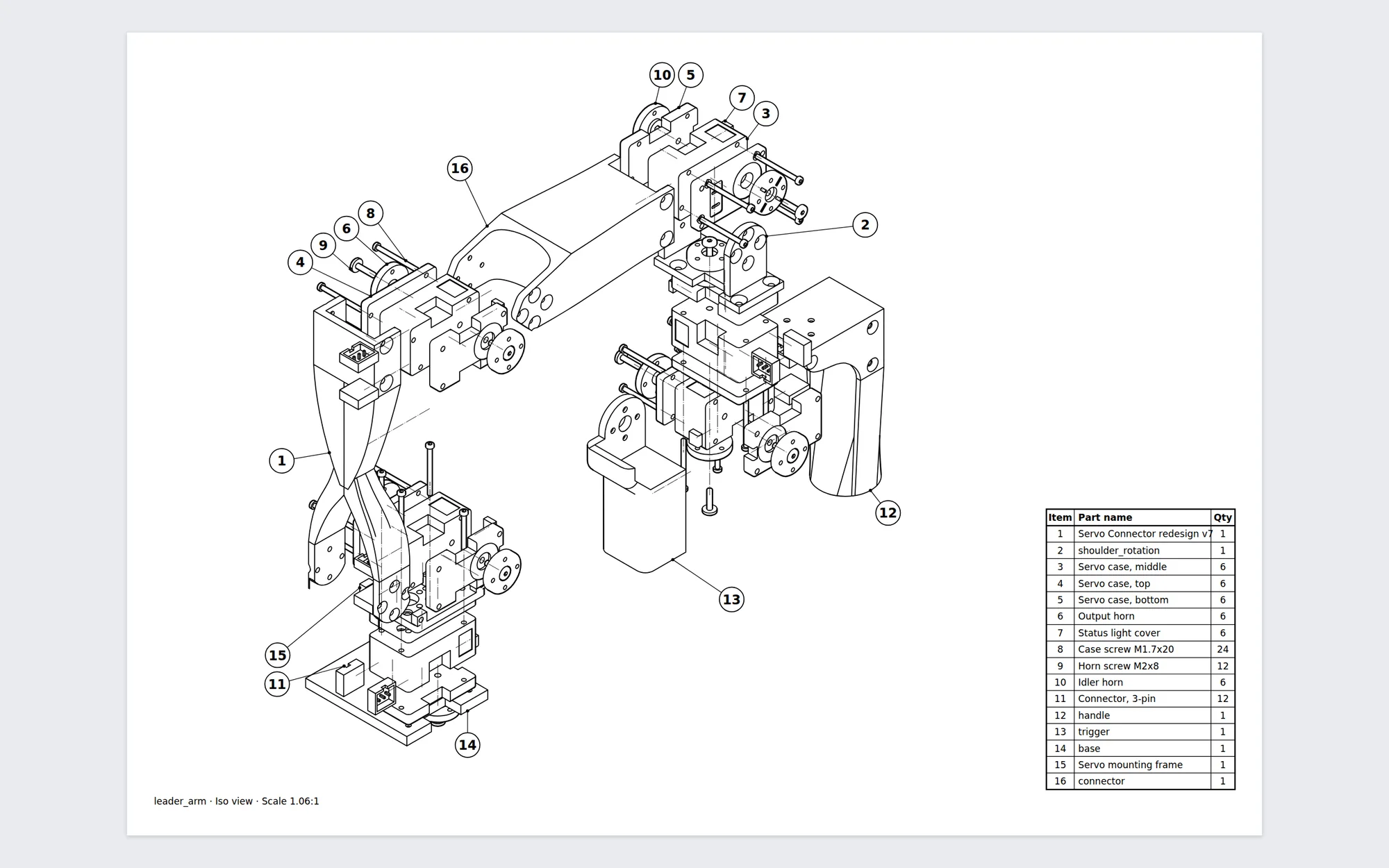 An exploded drawing of the robot arm with sixteen numbered balloons and leader lines, and a parts list table giving item numbers, part names and quantities.