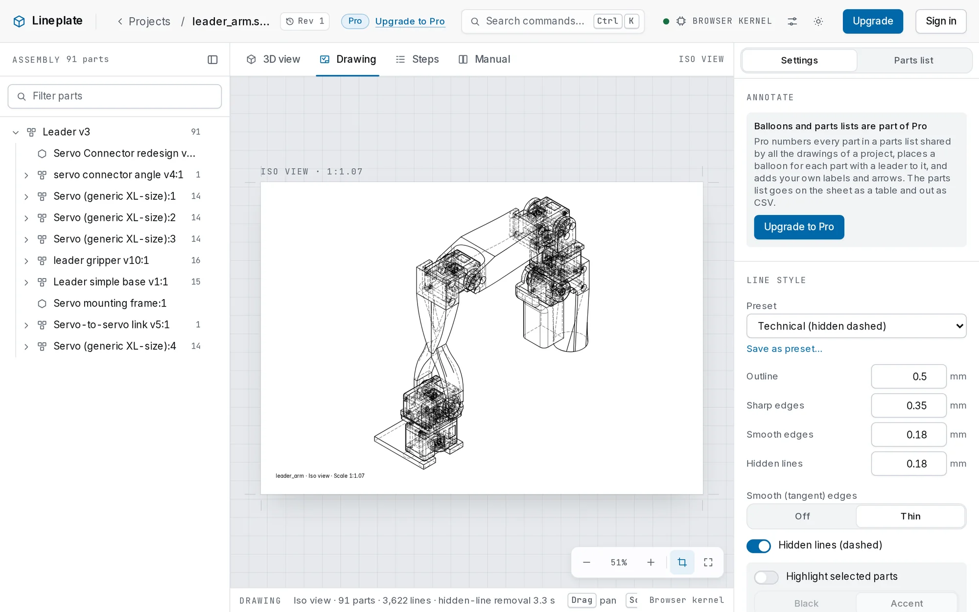 The Lineplate studio in drawing mode: the assembly tree on the left, an iso view hidden-line drawing of a 91-part robot arm on a sheet, and line style settings on the right.