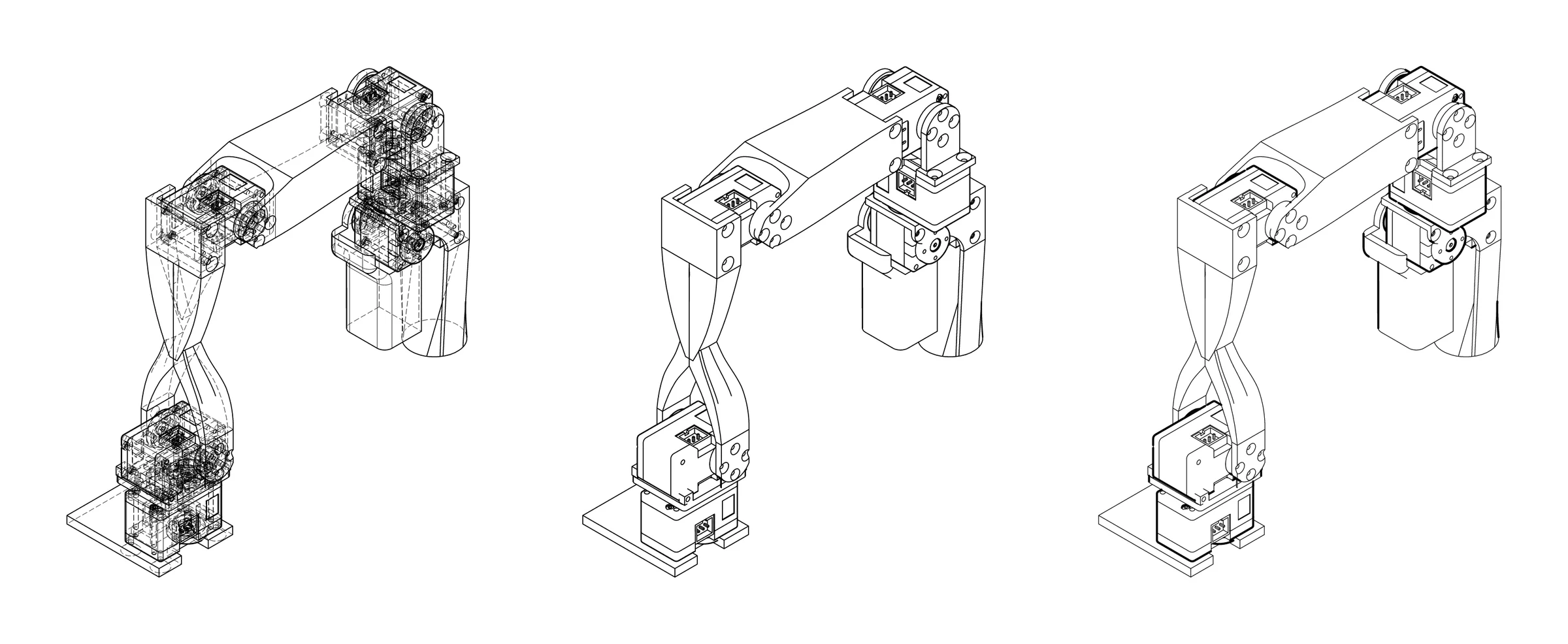 Three line drawings of the same robot arm: technical style with hidden lines, illustration style with visible lines only, and heavy outline style.